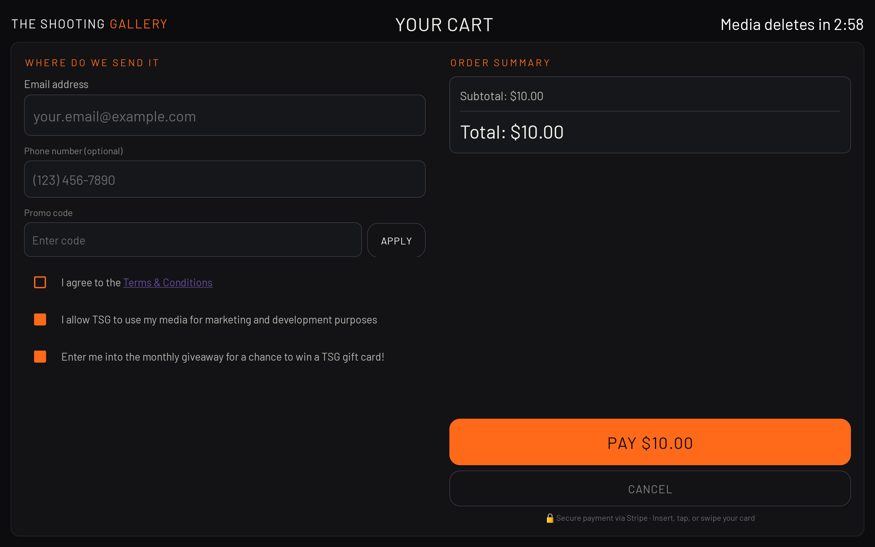 Kiosk checkout screen with order total, email entry, and pay button